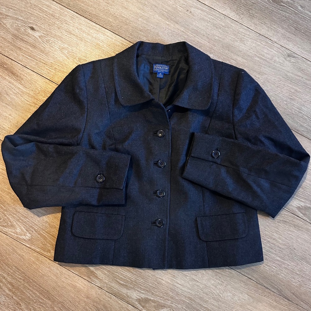 Pendleton Womens 14 Virgin Wool Cropped Blazer Jacket Charcoal Gray TF144-28333